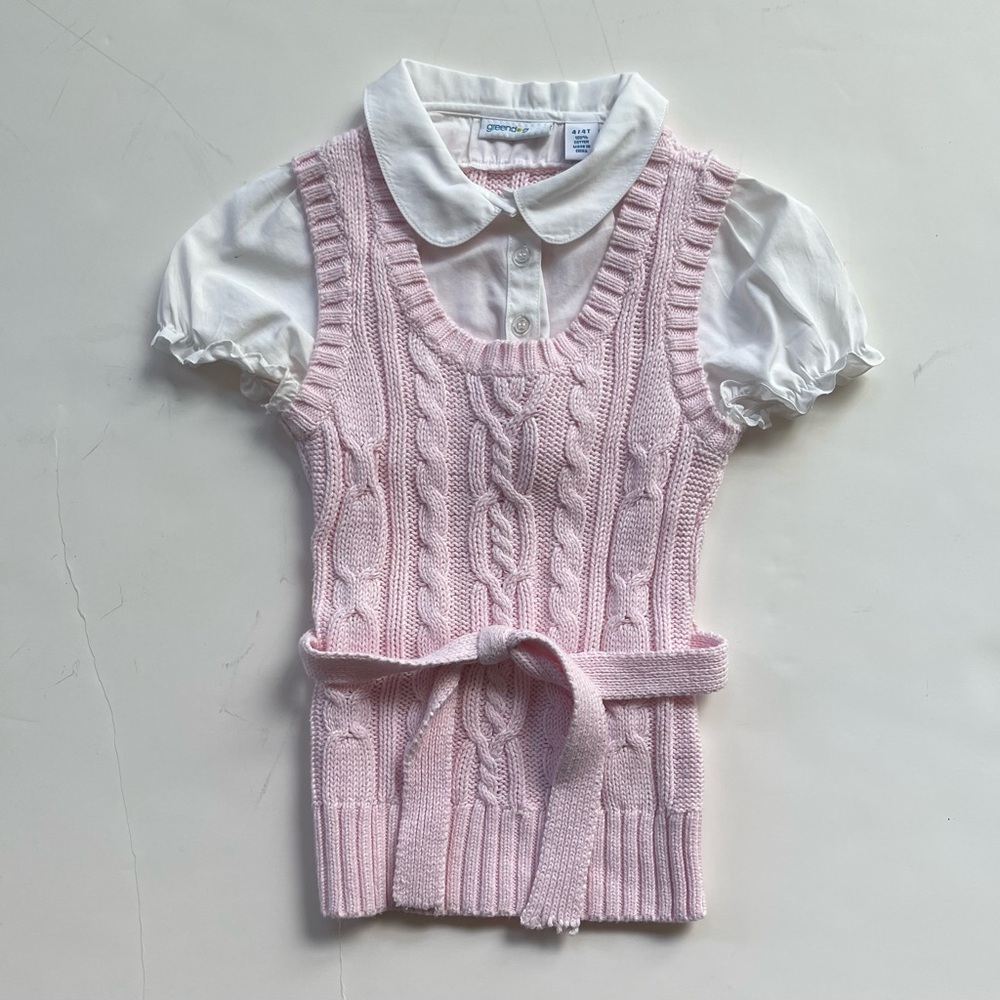 Greendog Pink and White Sweater Set with Cable Knit Design